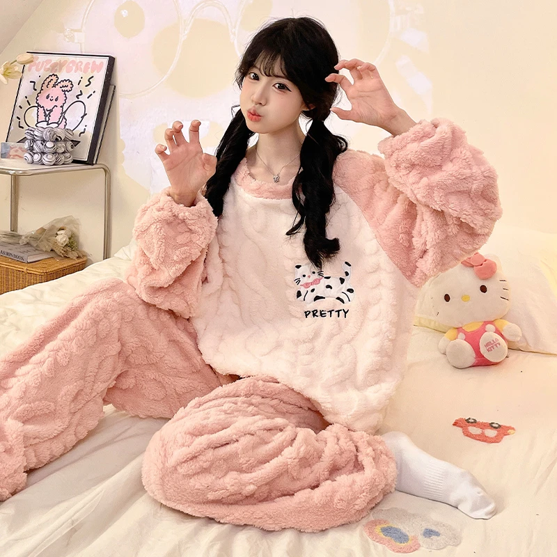 睡衣女款冬季珊瑚绒卡通少女加厚加绒长毛绒套装保暖家居服秋冬天