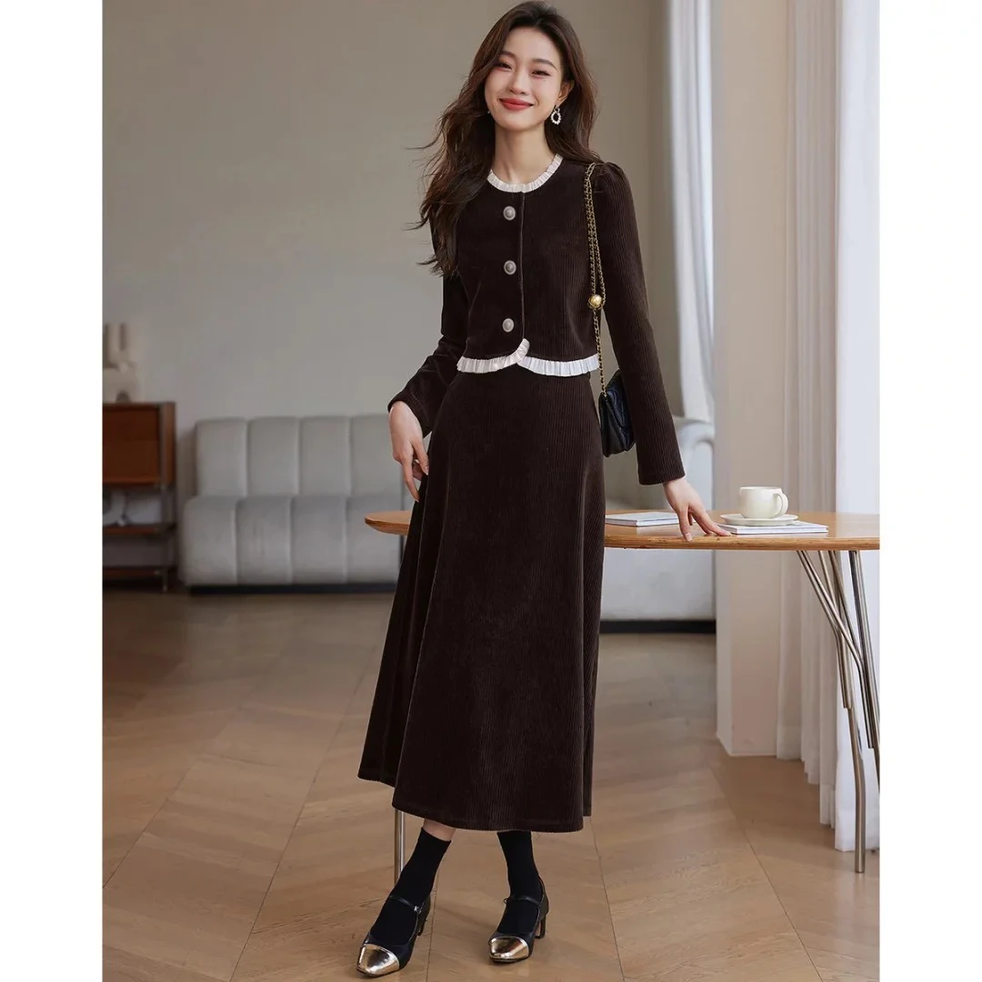 春秋木耳花边气质加厚设计感连衣裙Q215