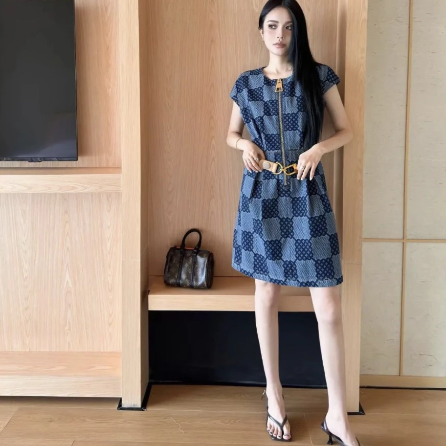 未使用 LouisVuitton/路易威登 蓝色棋盘格连衣裙 40码 GM004728