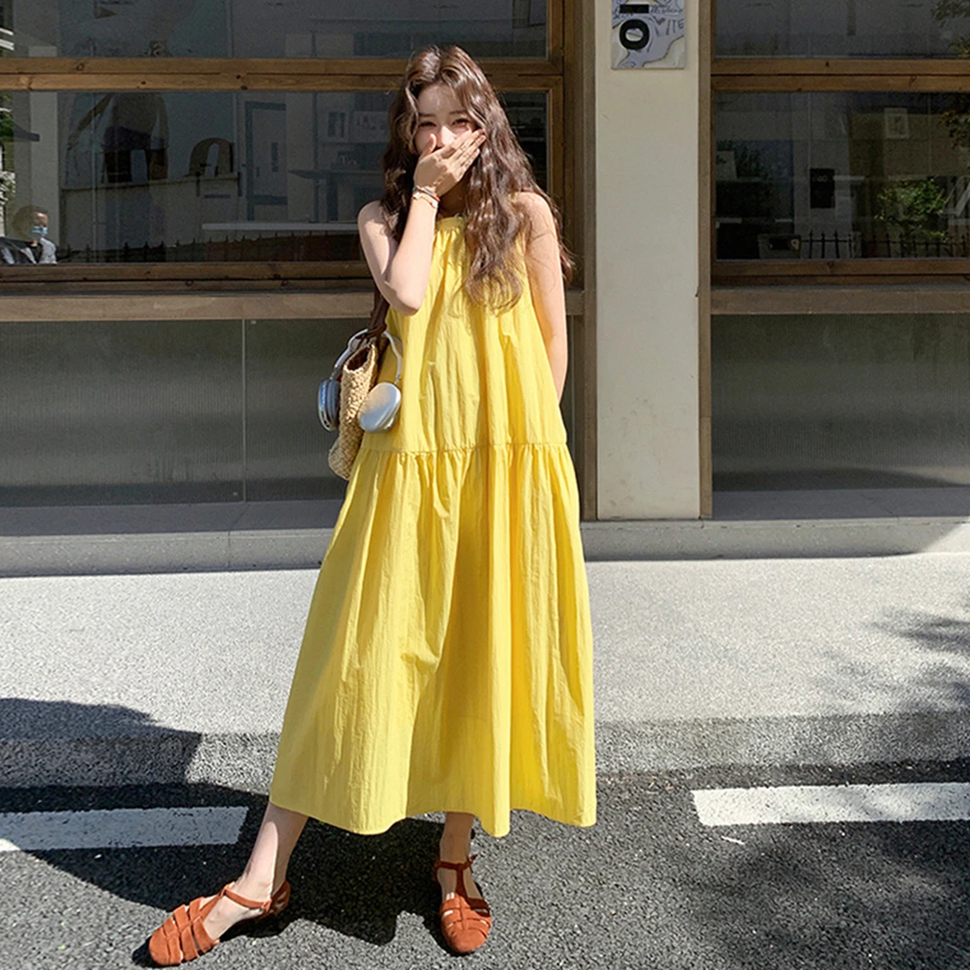法式黄色无袖背心连衣裙子女夏季穿搭气质显瘦海边度假风夏天长裙