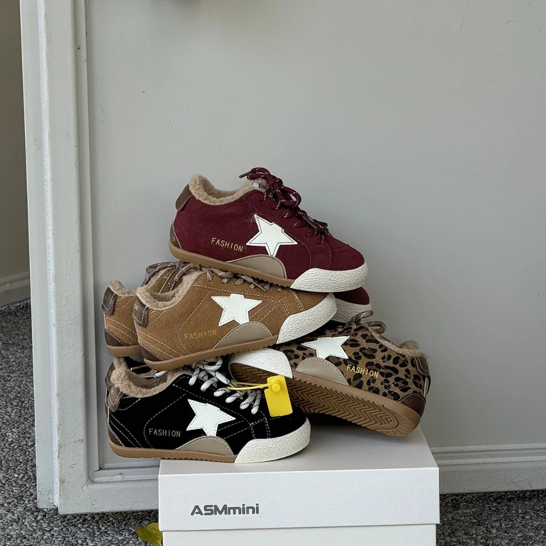 儿童加绒星星板鞋冬季保暖二棉鞋女童休闲德训鞋男童复古运动鞋