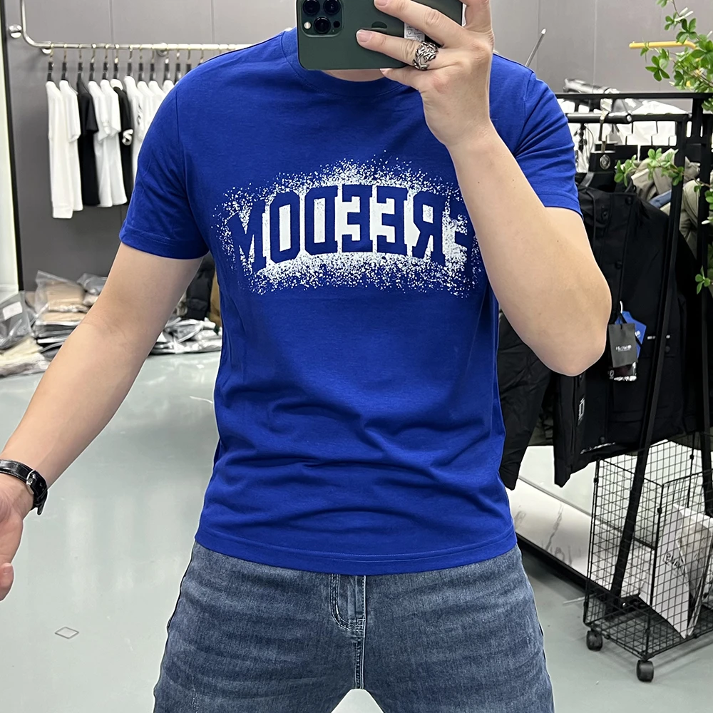 时尚晕染丝光棉字母男短袖T恤圆领修身潮牌休闲百搭帅气半袖体恤
