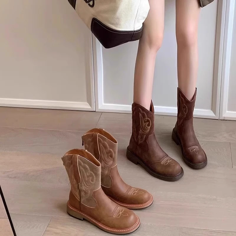 厚底西部牛仔靴女款复古骑士靴2025新款春夏薄款民族风长筒靴短靴