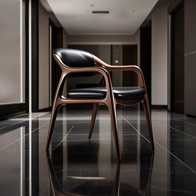 北美黑胡桃木设计师款实木餐椅休闲座椅扶手茶室书房真皮靠背椅子