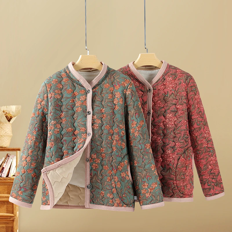 中年加绒棉服女秋冬季保暖妈妈外套老人妈妈装立领长袖加厚棉衣