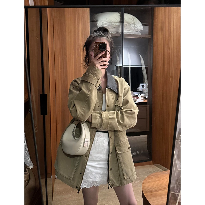 临典卡其色巴恩风工装外套女2025秋季新款美式复古翻领宽松夹克