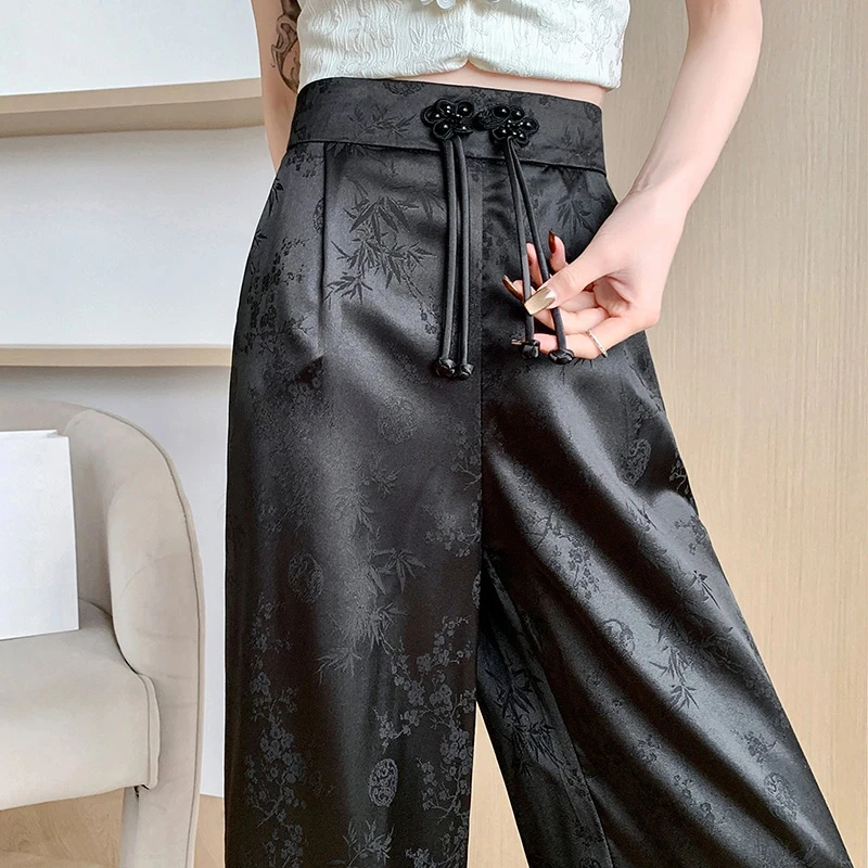 黑色国风阔腿裤女夏季宽松高腰垂感显瘦新中式盘扣缎面提花直筒裤