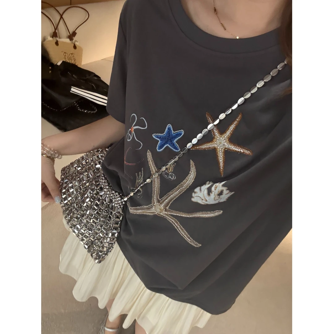 大婉酱微胖定制【海星T】韩系沙滩印花短袖T恤女百搭慵懒上衣 9740D
