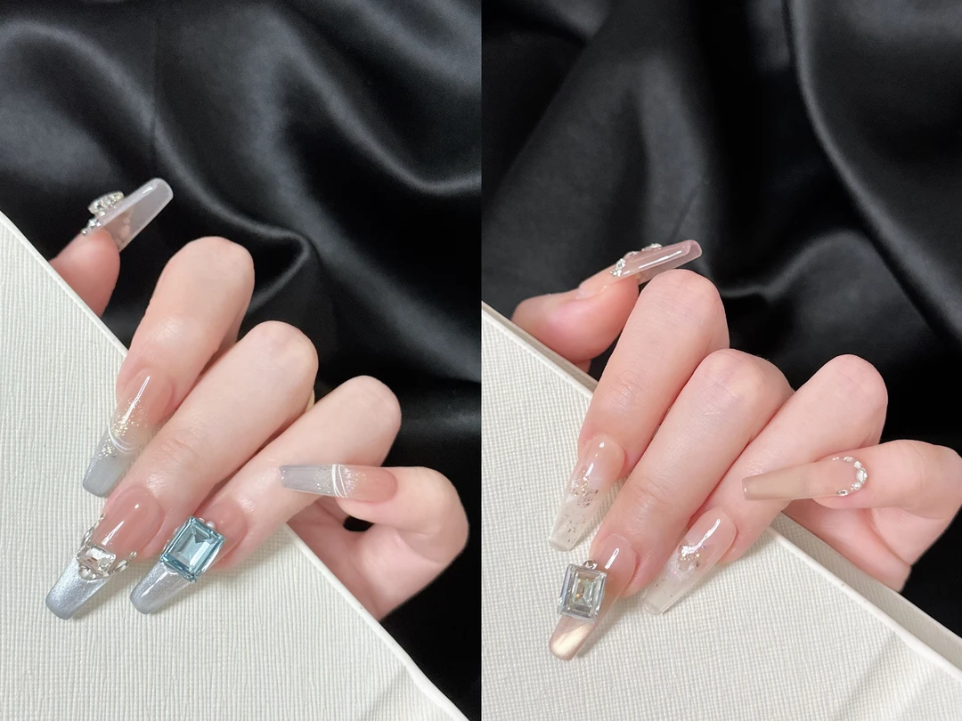 天鹅蓝猫眼法式堆钻手工穿戴甲温柔显白美甲贴片中长款