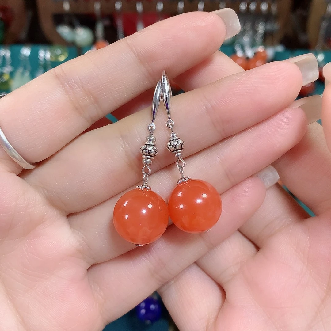 南红玛瑙耳饰银S925镶嵌卡13左右