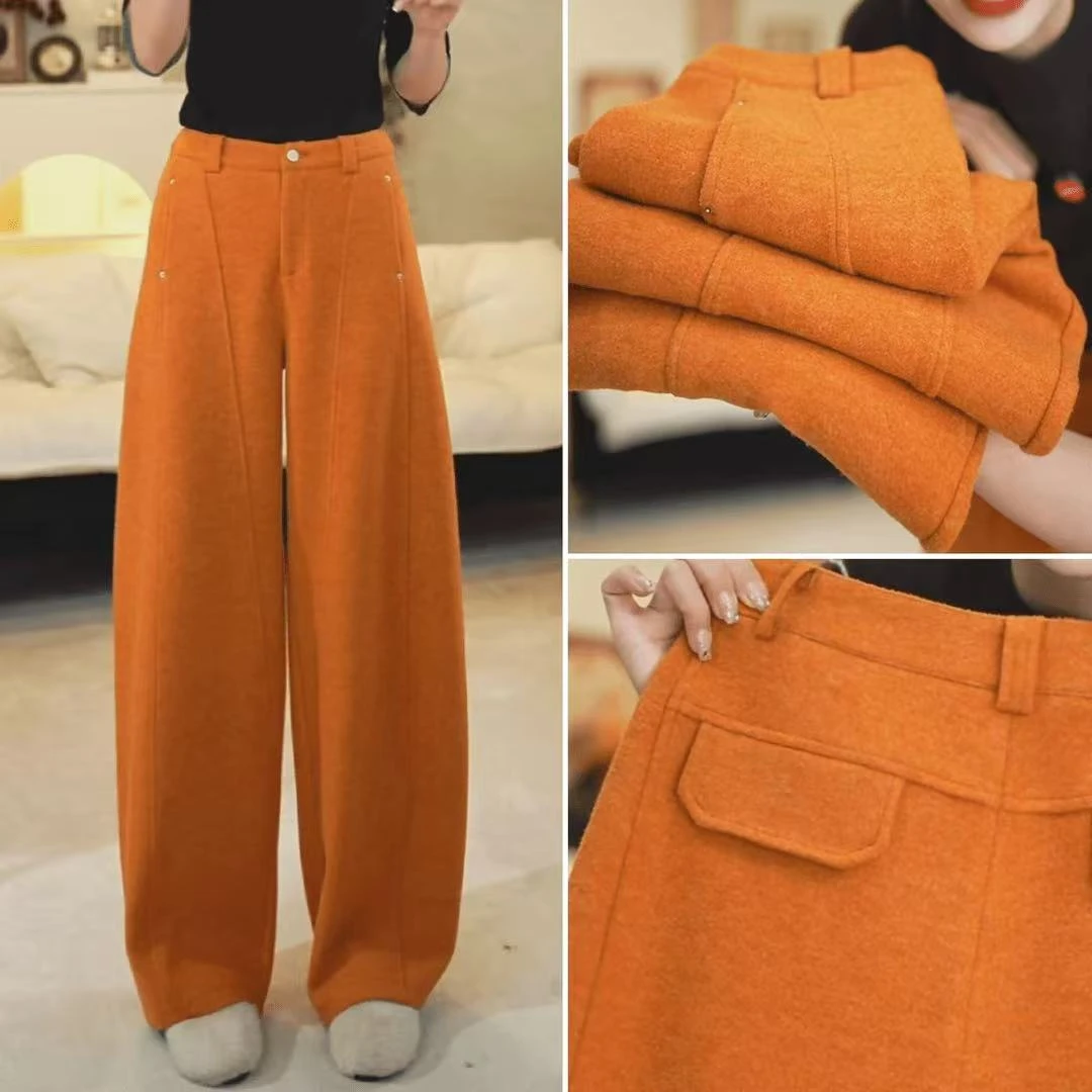 澳洲羊毛橙色阔腿裤秋冬加厚保暖休闲裤2025高腰宽松直筒弯刀长裤