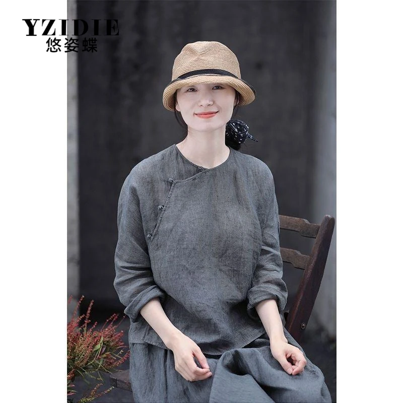 YZIDIE文艺棉麻女装夏款上衣稀松透气蓬松圆领斜襟轻薄中式小