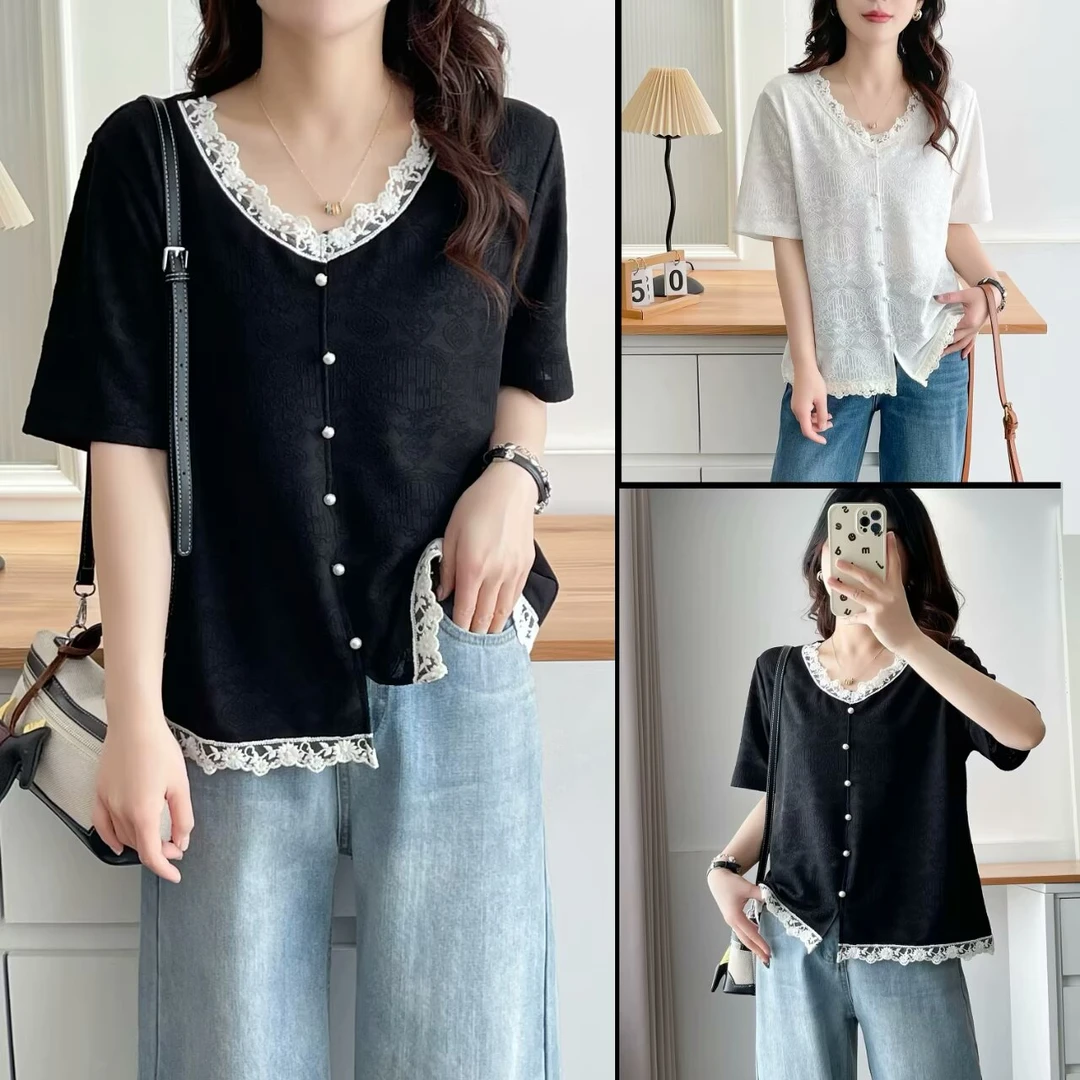HUIZHIMEI/绘智美大码新款洋气显瘦宽松V领撞色蕾丝花边短袖t恤女