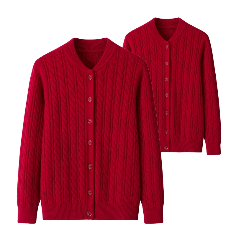 棒球领绞麻花情侣款~100纯羊毛中老年外穿运动款开衫加厚双股毛衣