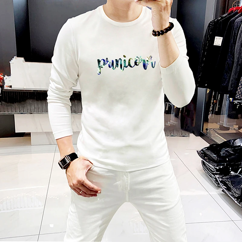 欧潮时尚男士长袖圆领t恤高档轻奢个性印花字母百搭外穿男装上衣