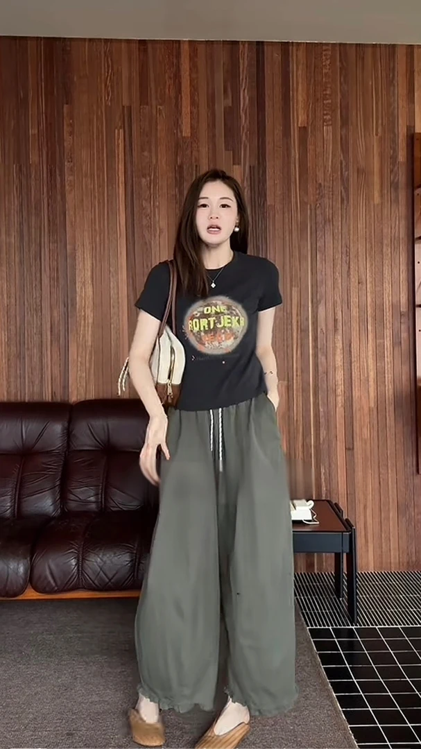 LIS&AZ-军绿色花边抽绳九分休闲裤XB5293