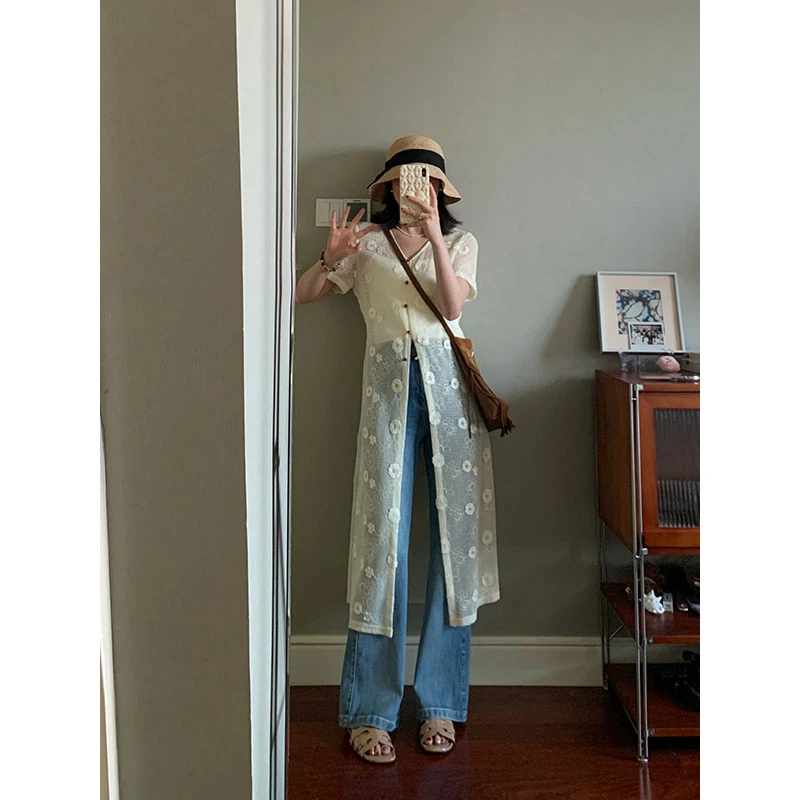 【现货清仓】花总吖【沙漠之旅】菊花提花蕾丝V领叠穿罩衫R425E07759