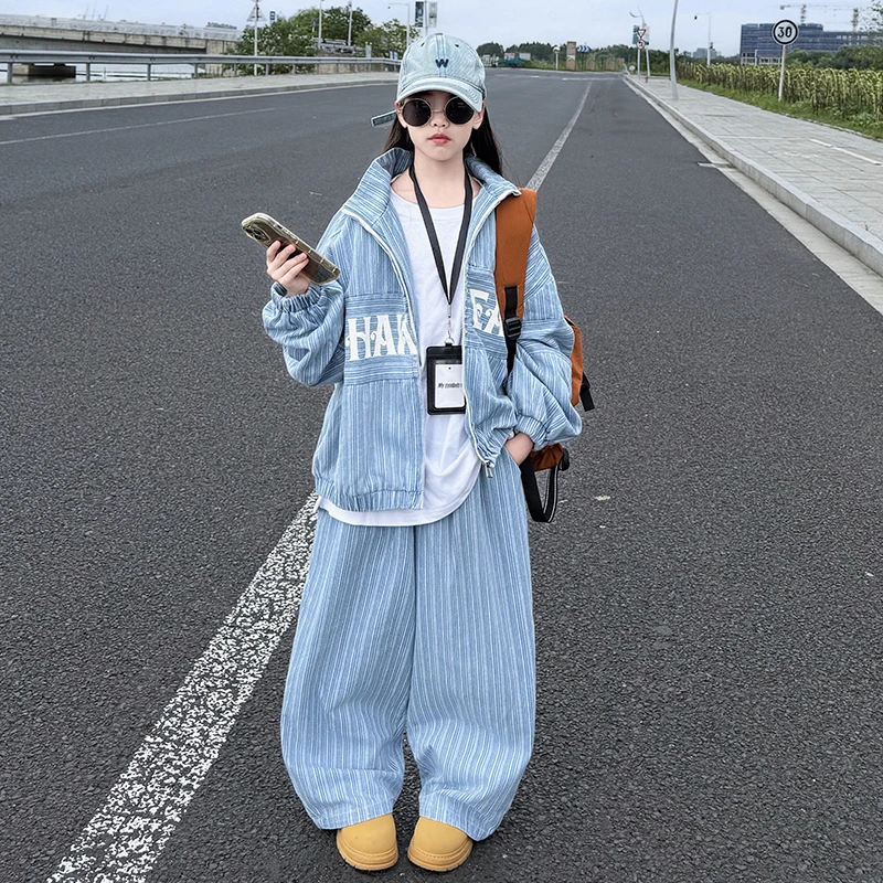 女童牛仔套装2025秋季新款中大童韩版休闲夹克外套阔腿裤两件套潮