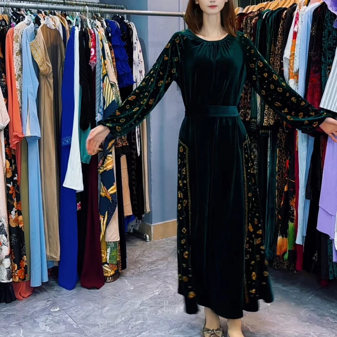 003-绿色-春秋新款气质重工烫钻韩国绒带腰带长款连衣裙