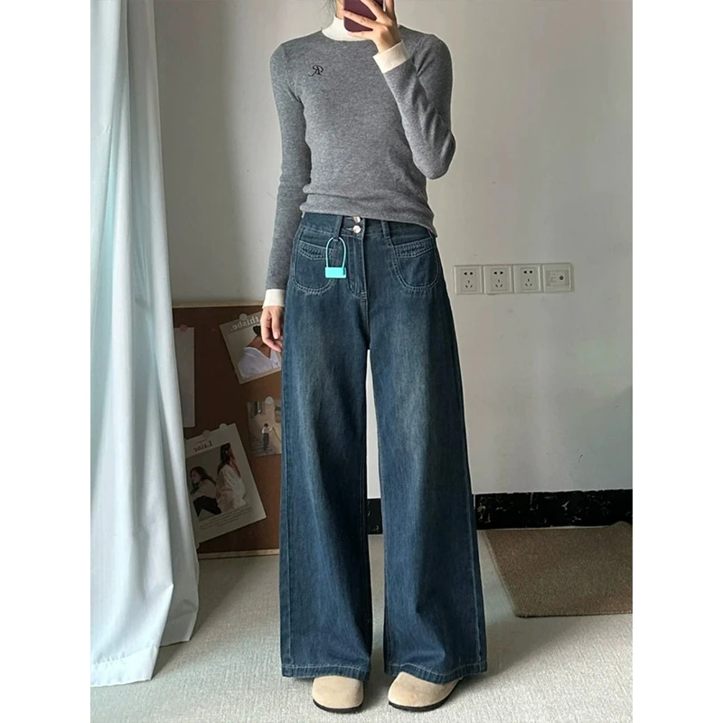 梨形身材复古蓝直筒牛仔裤女2025秋冬加绒加厚mm高腰设计感阔腿裤