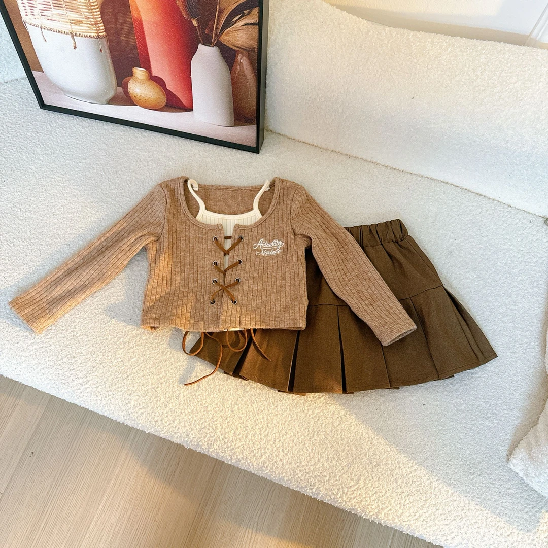 女童新款春季设计高级感假两件上衣时尚洋气百褶裙套装S3103S3117