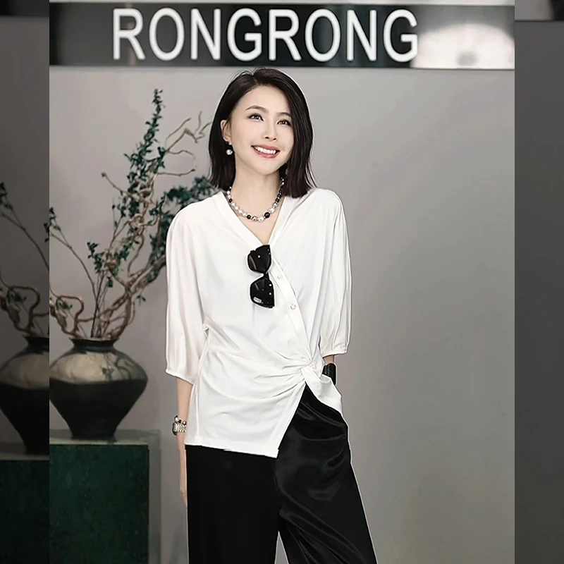溶溶【漫墨听月】RONRGONG 桑蚕丝千金风显瘦短袖上衣T恤 C-M206003