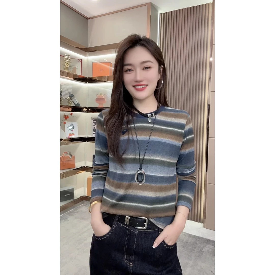 欧货2025新款时尚潮流条纹渐变洋气圆领长袖t袖休闲百搭打底衫女