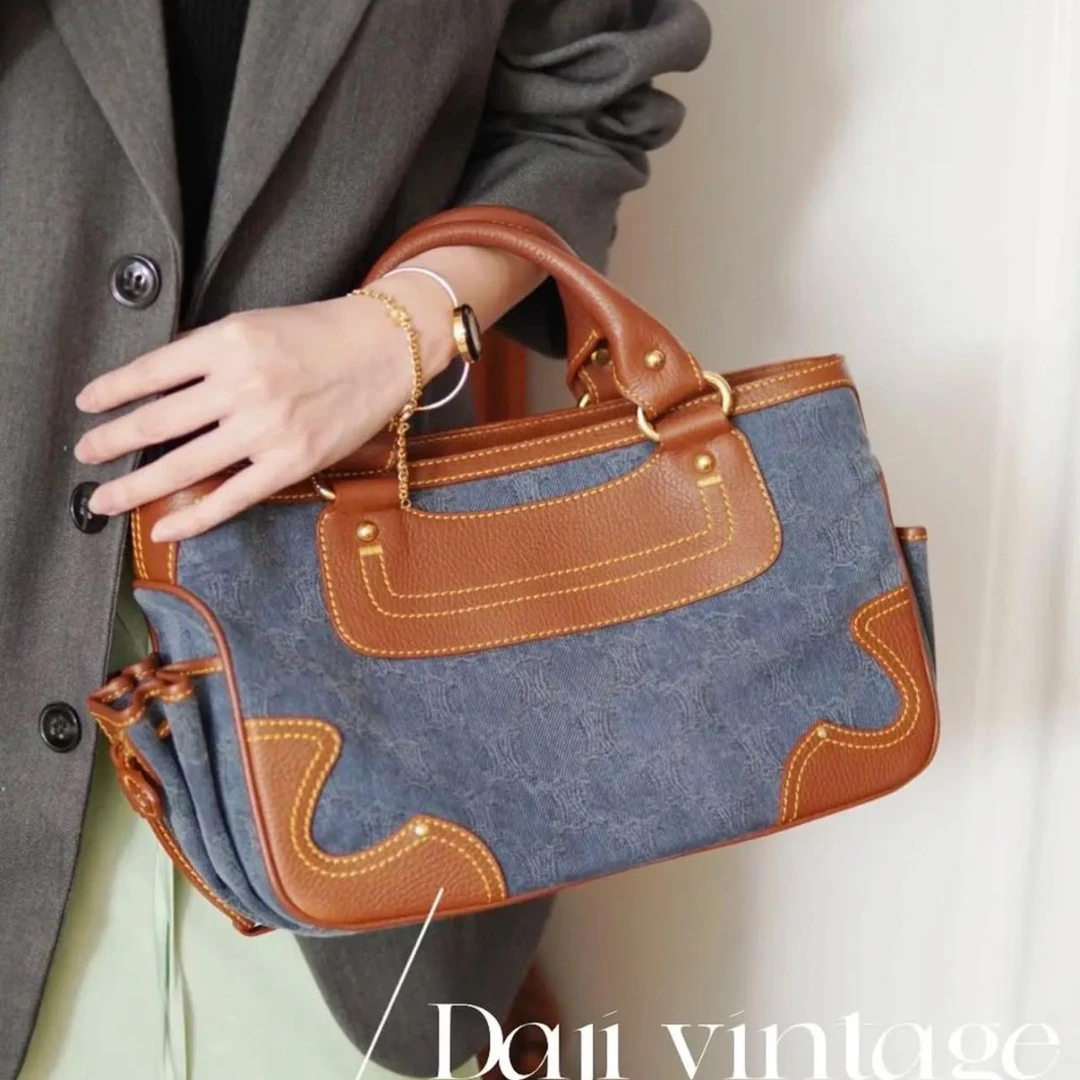 95新 Celine/思琳 大吉中古/Celine丹宁拼棕手提包
