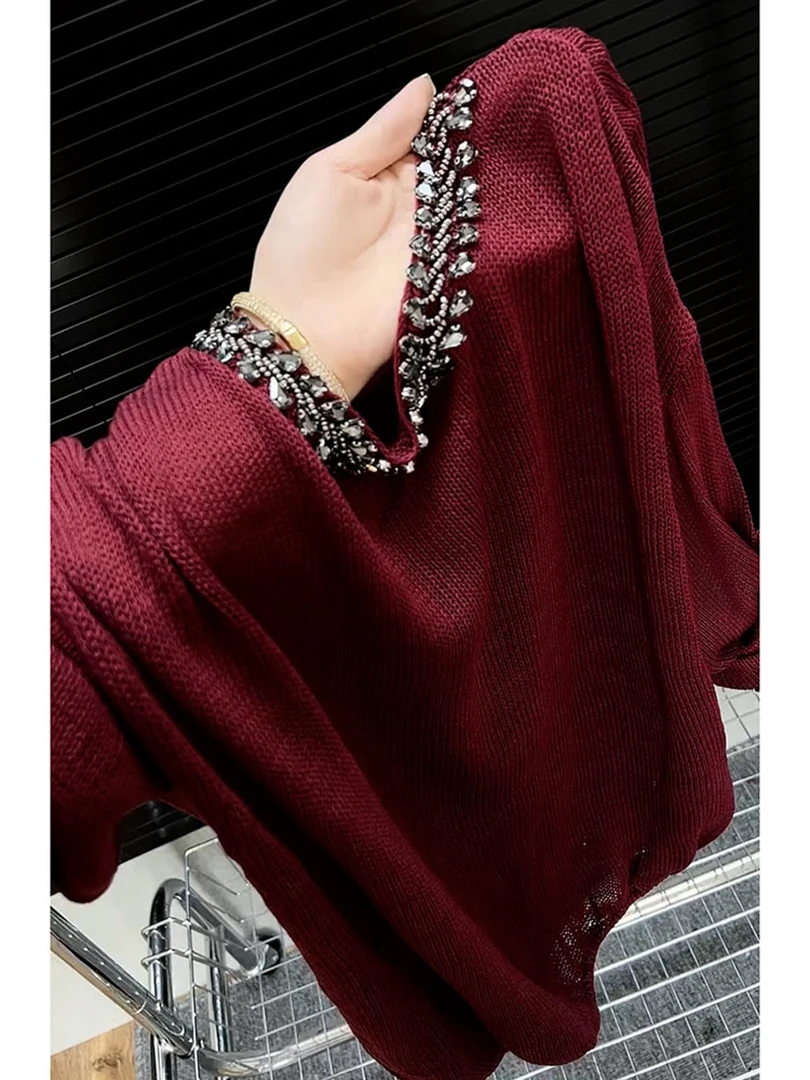 韩系chic软糯慵懒风上衣复古宽松百搭减龄红色针织镂空毛衣女秋季