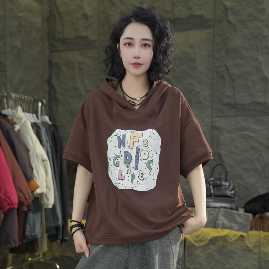 B34 春季短袖T恤女卫衣 宽松休闲简约显瘦百搭气质棉麻风打底帽衫