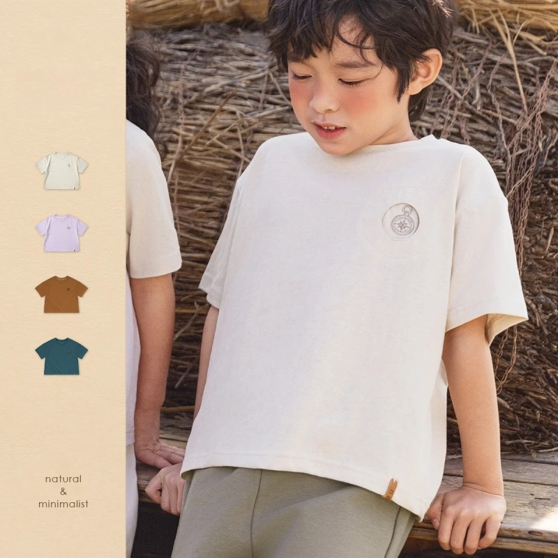 夏款儿童复古休闲短袖潮款简约刺绣男女童洋气短袖T恤上衣童装