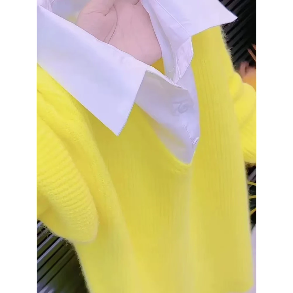 糖果色假两件针织衫2025年秋季新款衬衫领拼接毛衣青春时尚上衣女