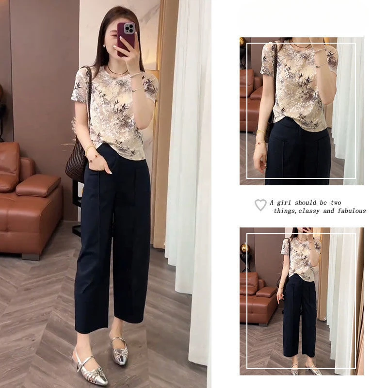 夏季搭配女2025年新款爆款气质时尚百搭短袖上衣高腰显瘦休闲裤