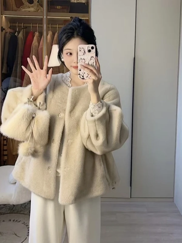 2025新款秋冬皮毛一体圆领保暖名媛毛毛外套女环保仿皮草上衣