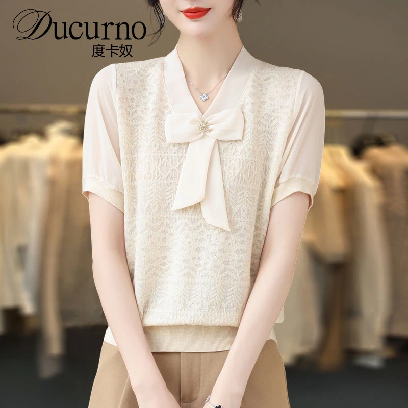 短袖t恤女2025新款特大码女装夏季宽松薄款蝴蝶结冰丝针织衫上衣