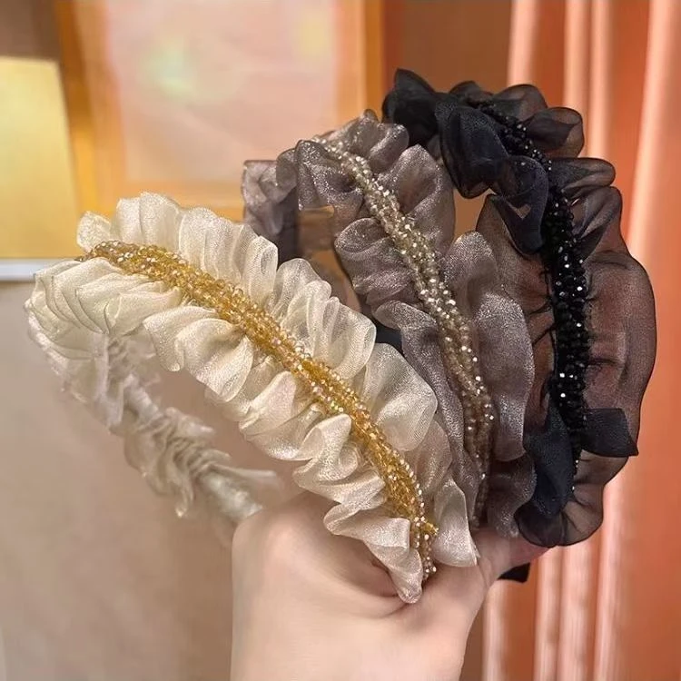 优雅褶皱网纱水钻发箍女高级感压发发捆新款头箍气质成人发饰