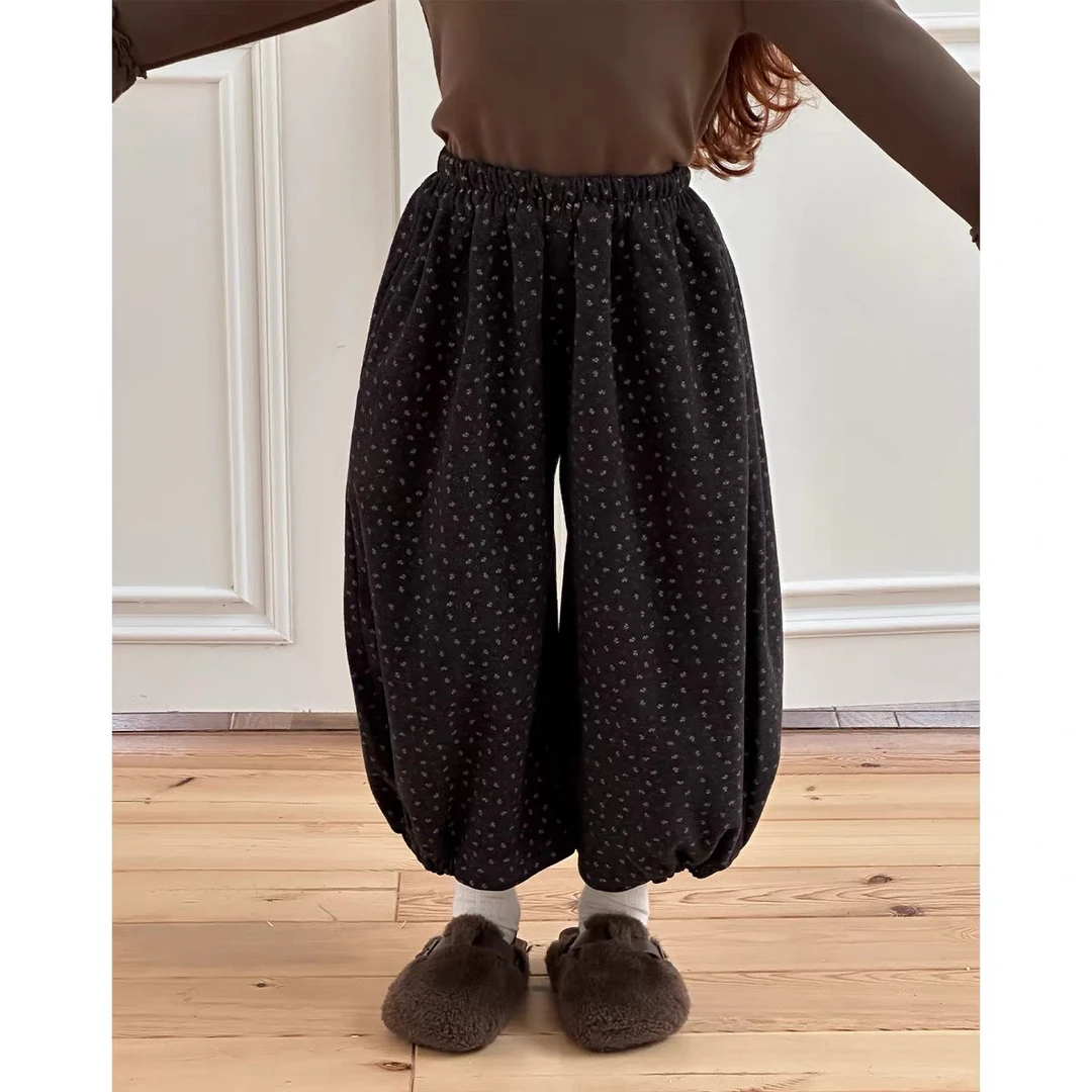 女童加绒灯笼裤2025冬季新款碎花洋气加厚束脚裤儿童百搭休闲裤潮