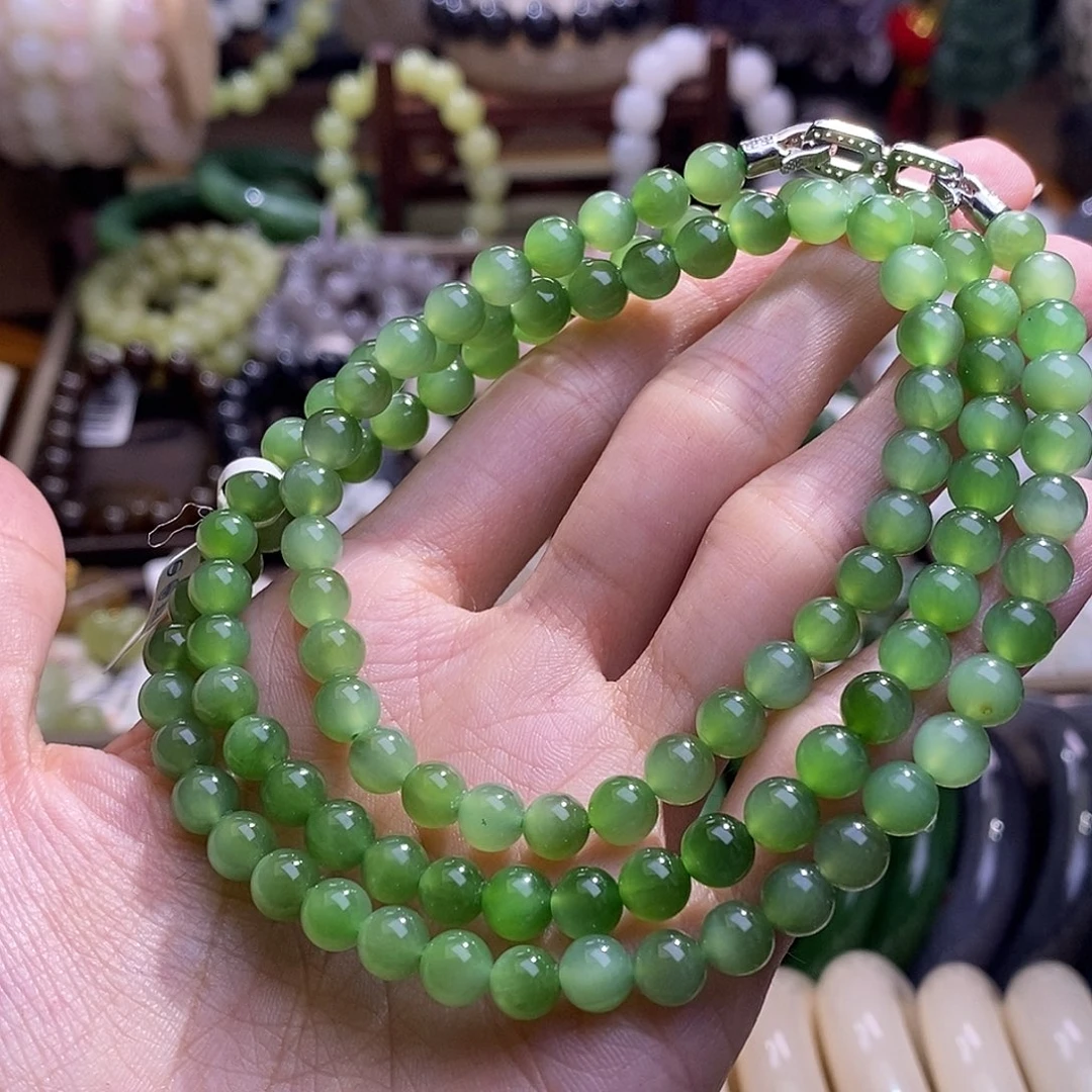 颈饰未镶嵌和田玉碧玉银镶绿猫眼项链6MM