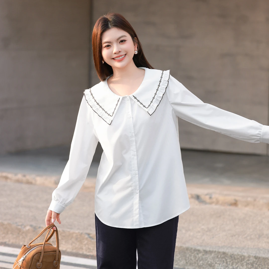 【法式刺绣莫代尔衬衫】MsShe大码女装2025春装减龄娃娃领F2502007