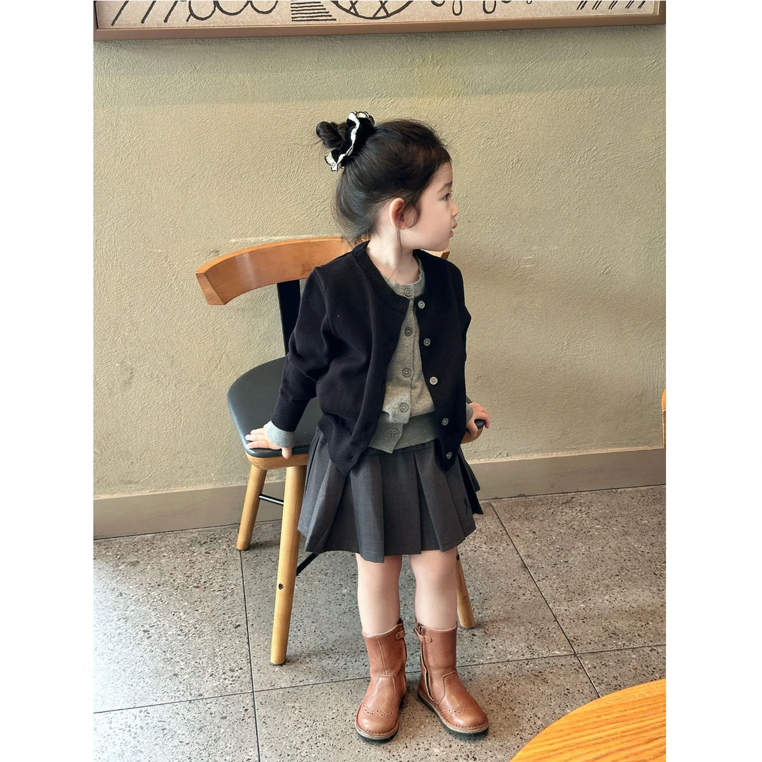 现货】壹妈韩版童装女童秋冬套装洋气儿童假两件针织衫外套百褶裙