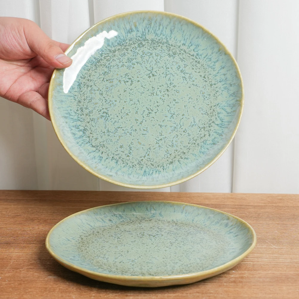 【瑕疵】釉下彩陶瓷盘子家用窑变绿圆形高颜值平盘F1D