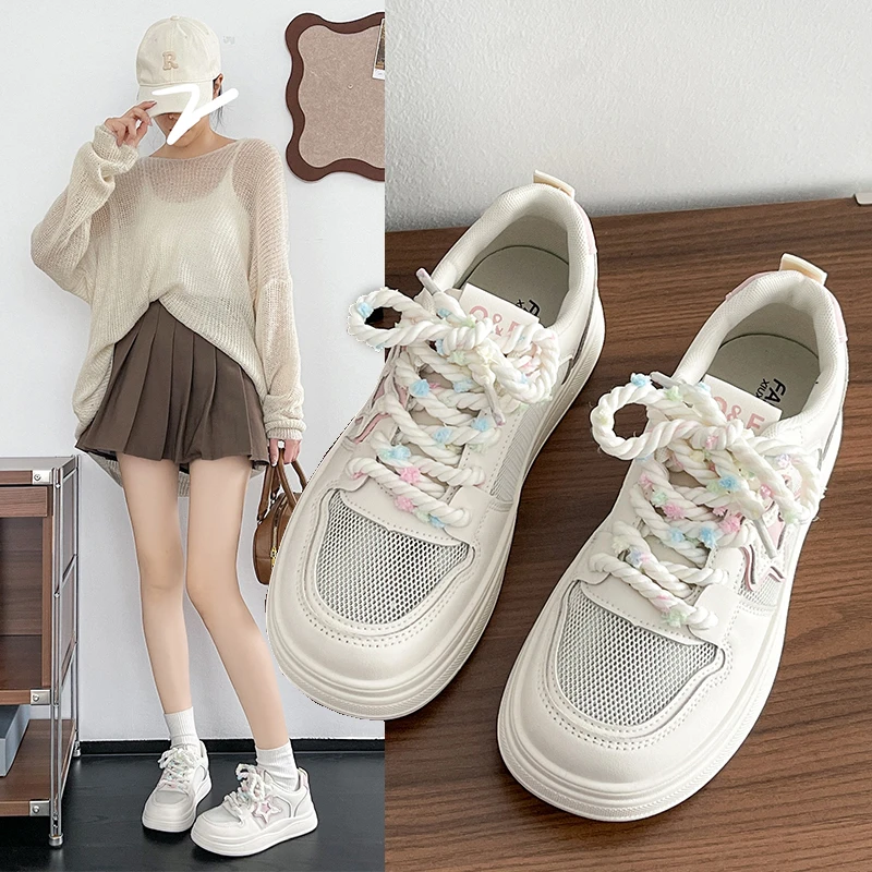 学生厚底小白鞋女子2025春季新款透网百搭板鞋厚底运动休闲单鞋