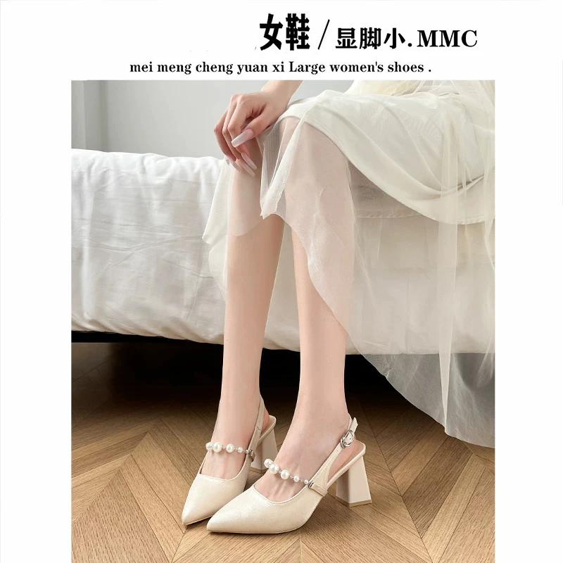 万达撤柜头层牛皮尖头后空凉鞋女粗跟高跟鞋仙女风珍珠一字带单鞋