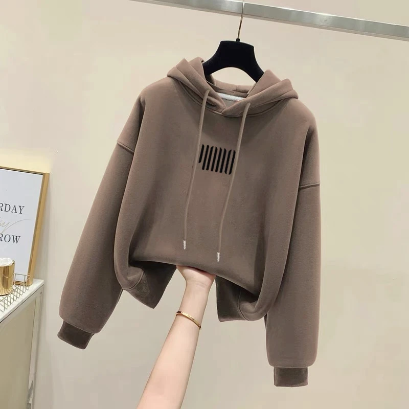 设计感小众秋冬新款2025加绒加厚套头连帽卫衣女短款宽松韩版外套