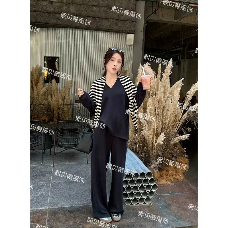 熙贝薇【满分松弛】披肩拼接V领卫衣＋阔腿裤时尚通勤卫衣套装G5268