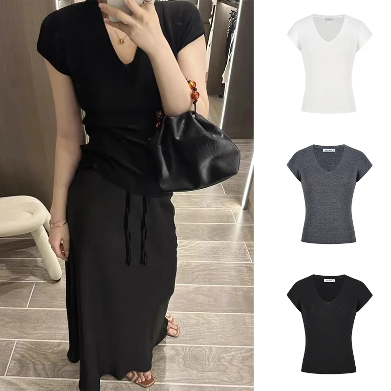 Moses Queen/魔西女王辣妹深V领薄款针织短袖t恤修身显瘦正肩上衣