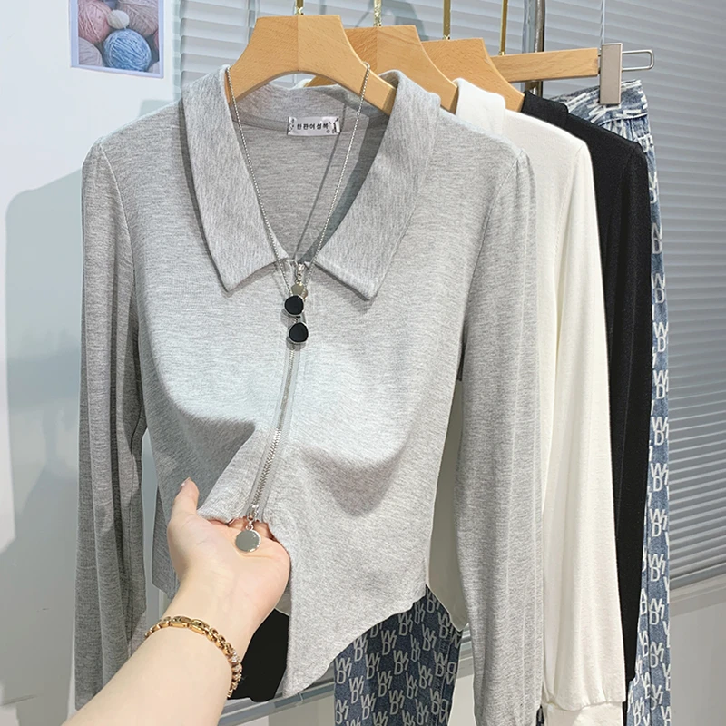 设计感双拉链长袖t恤女春秋学院风polo衫上衣别致独特漂亮小衫潮