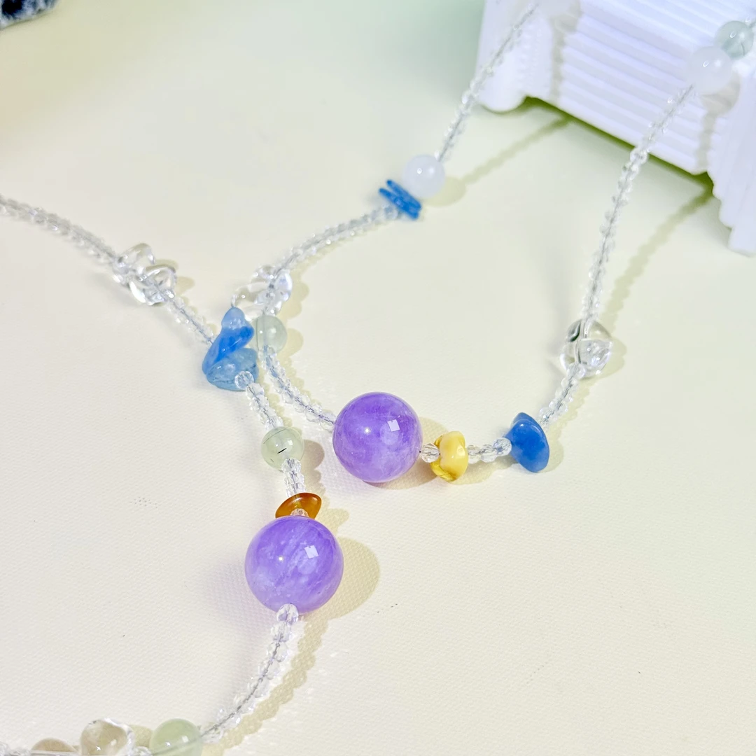 【599 花园早宝】紫水月光白水等水晶7-15mm项链多样性发其一Z