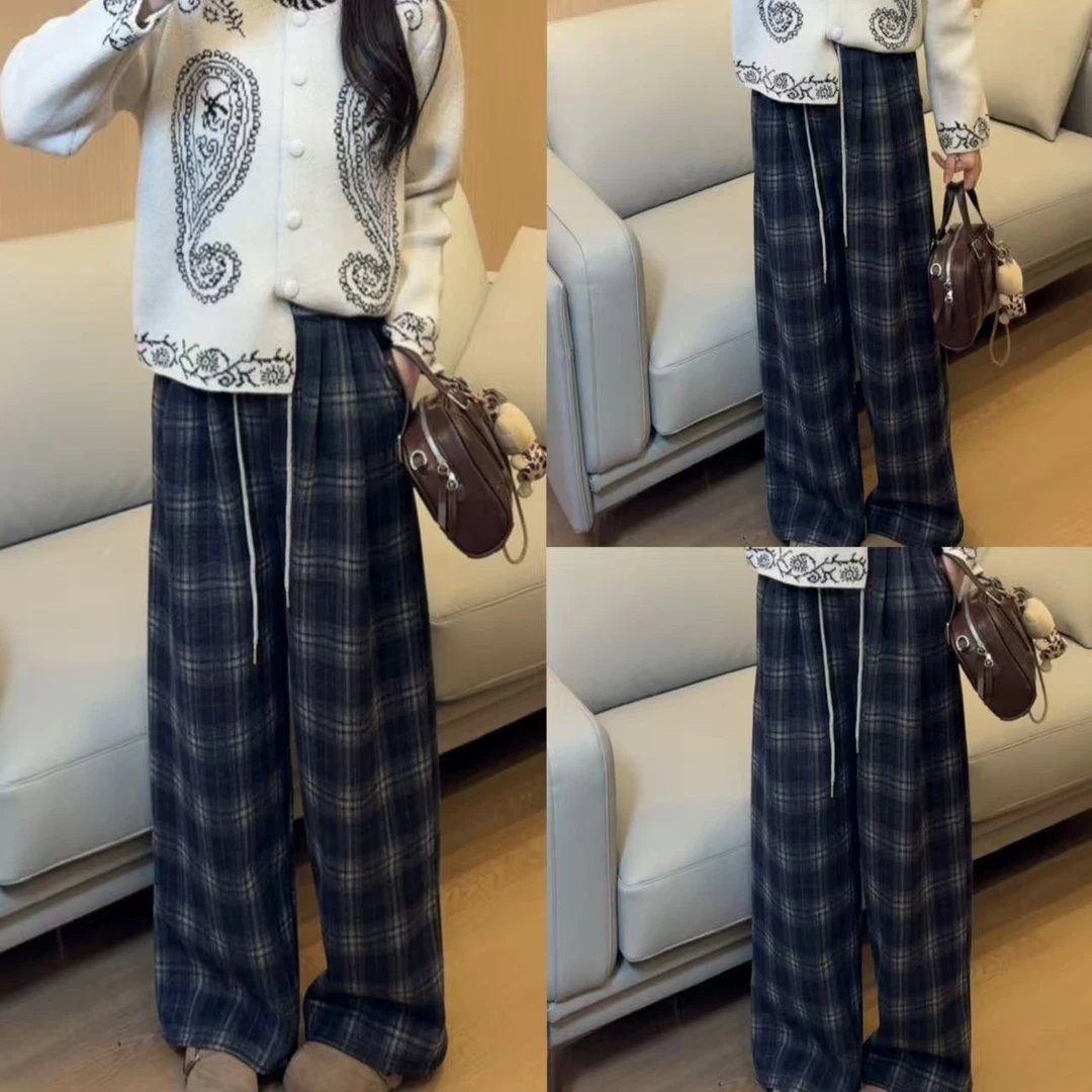 新款加绒撞色拼接格子抽绳阔腿裤B#5825