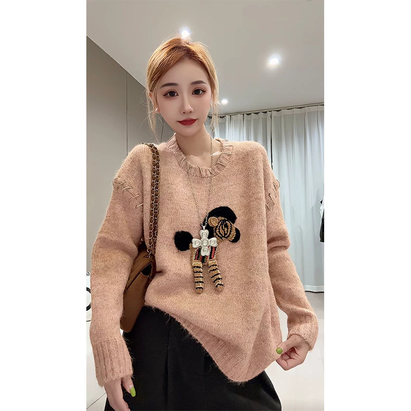 欧货2025冬季新款设计款立体小马时尚潮流圆领针织衫毛衣卫衣女